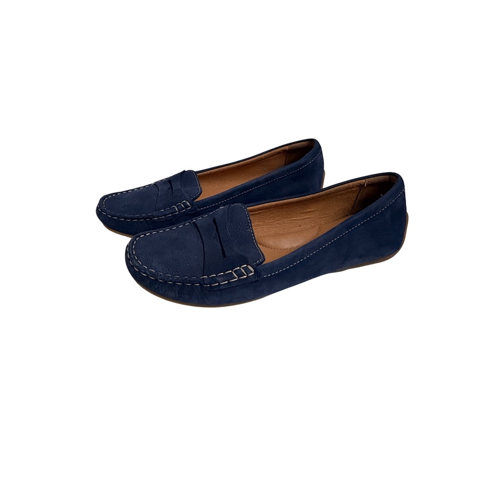 Clarks Artisan Womens 9.5 Navy Blue Suede Penny Loafers Moc Toe Flats